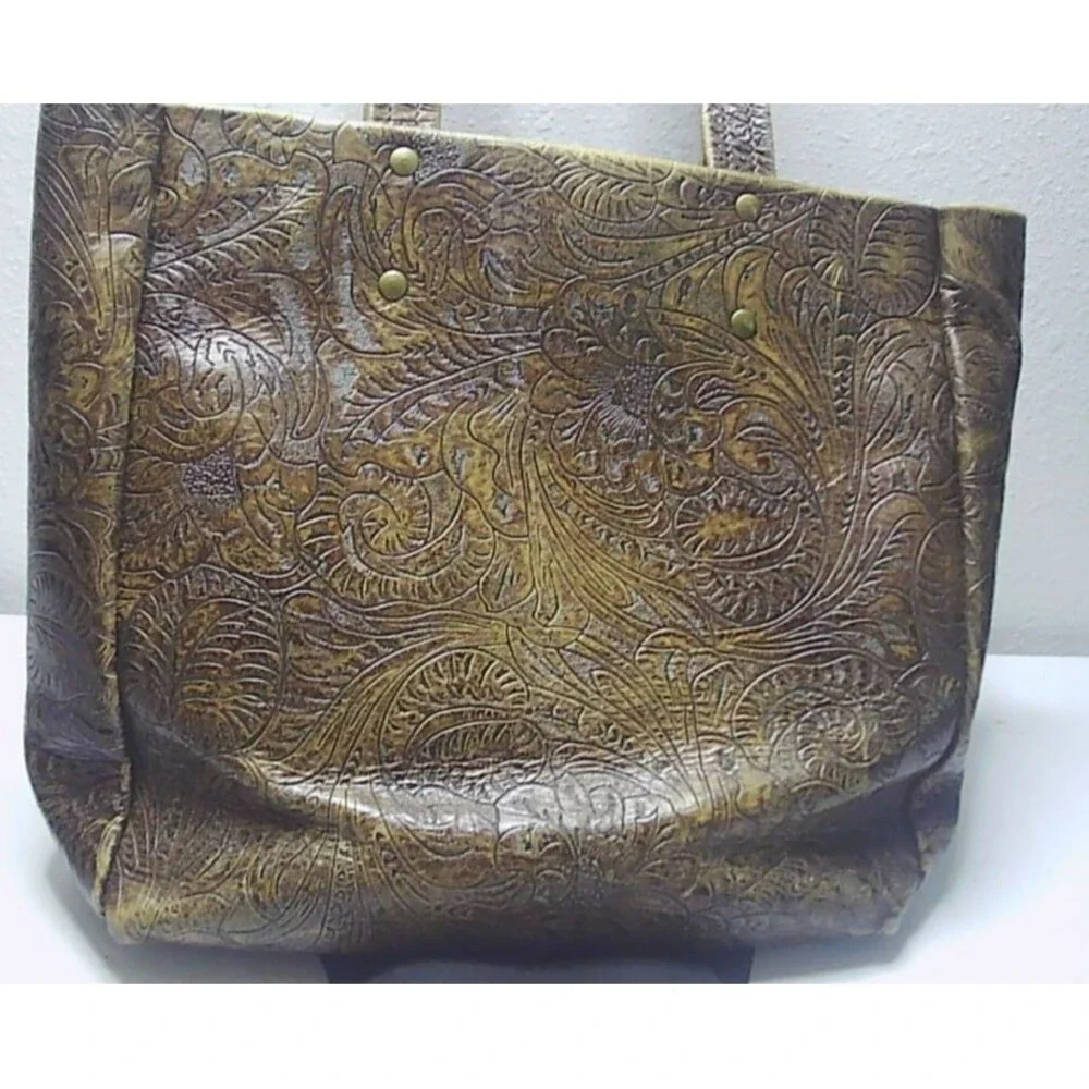 Vtg Handcrafted Embossed Tooled Leather Tote Bag Brown 10x5x10